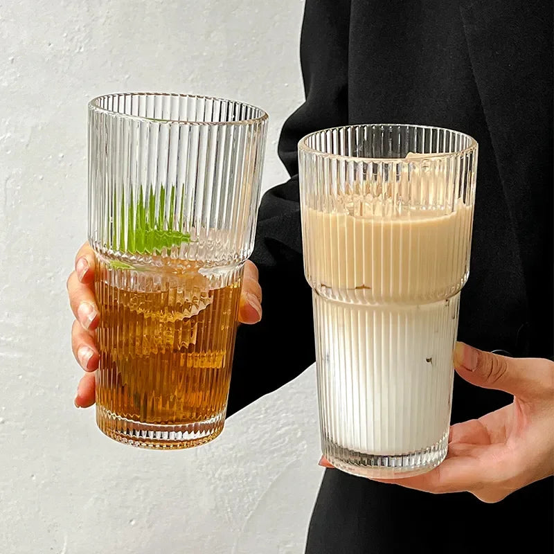Striped Glass Cup with Lid & Straw – 600ml Transparent Drinkware Glass Drinkware Babs