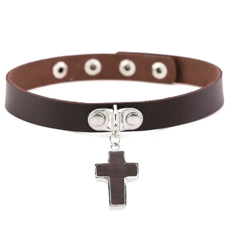 Black Cross Gothic Choker Necklace – PU Leather Punk Style Gothic Choker Necklace Babs