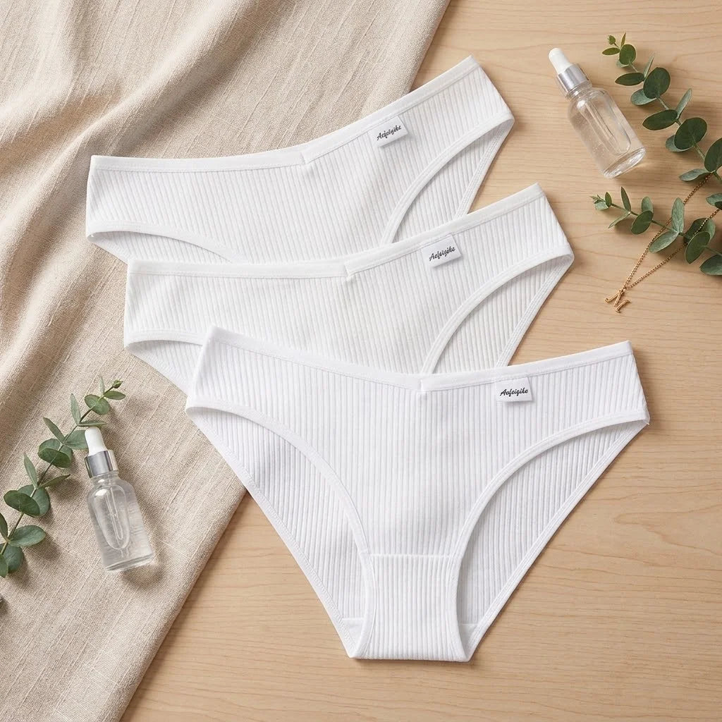 3-Pack Cotton Ribbed Bikini Briefs – Low Cut Stretch Panties Women's Bikini Briefs Babs White 3Pcs L Pack