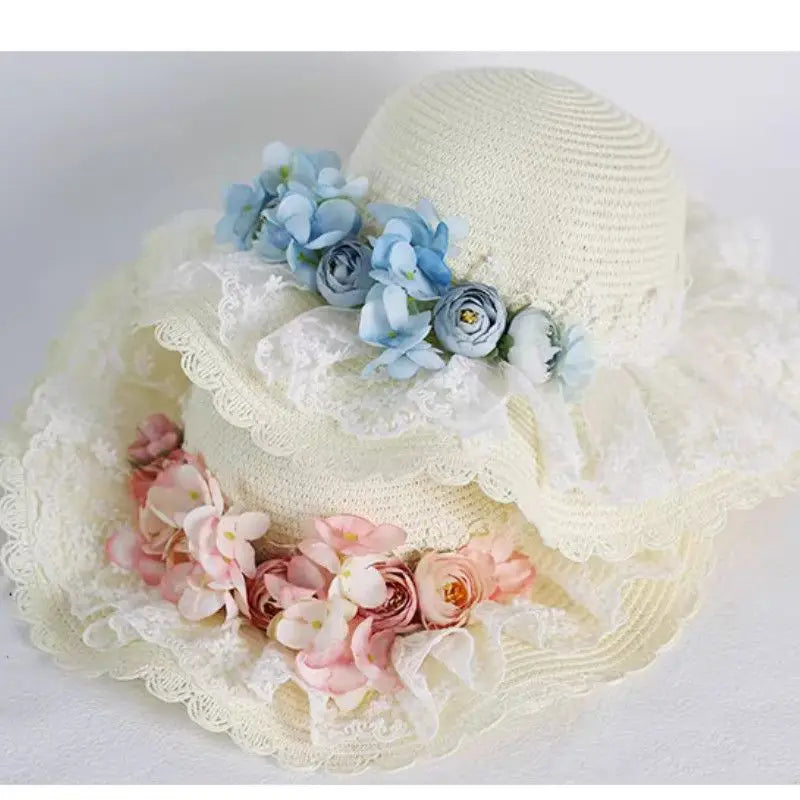 Lolita Straw Sun Hat Lace Ruffle Hydrangea Floral Beach Visor Straw Sun Hat Babs