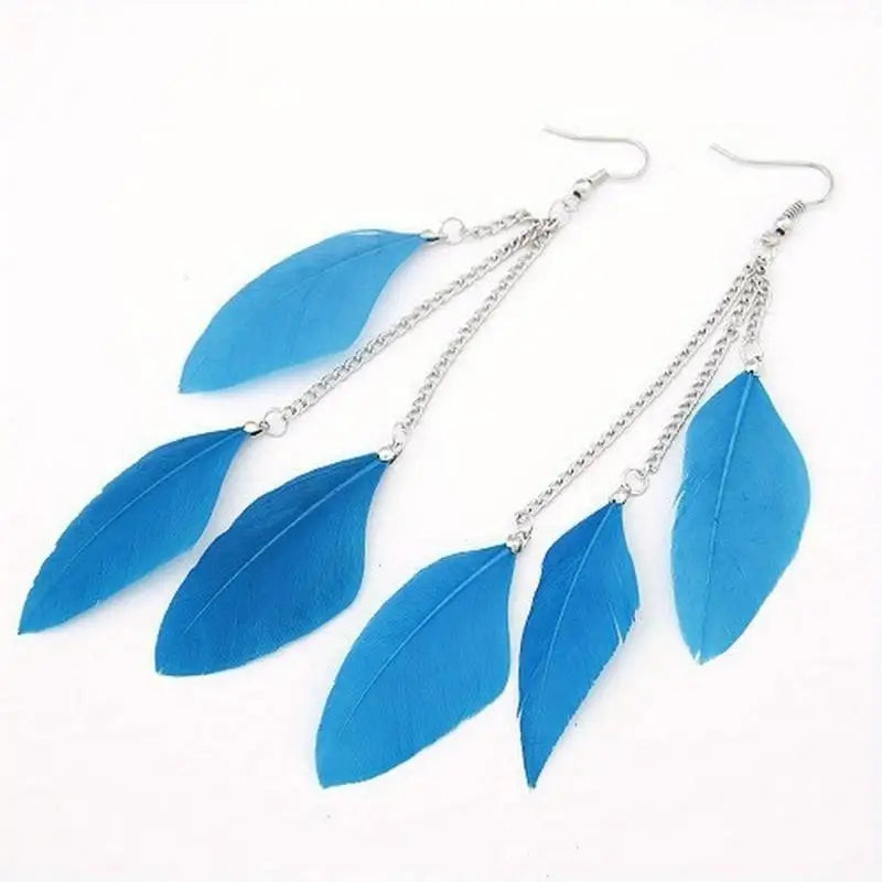 Silver Feather Drop Earrings for Women – Boho Long Dangle Drop Earrings Babs blue