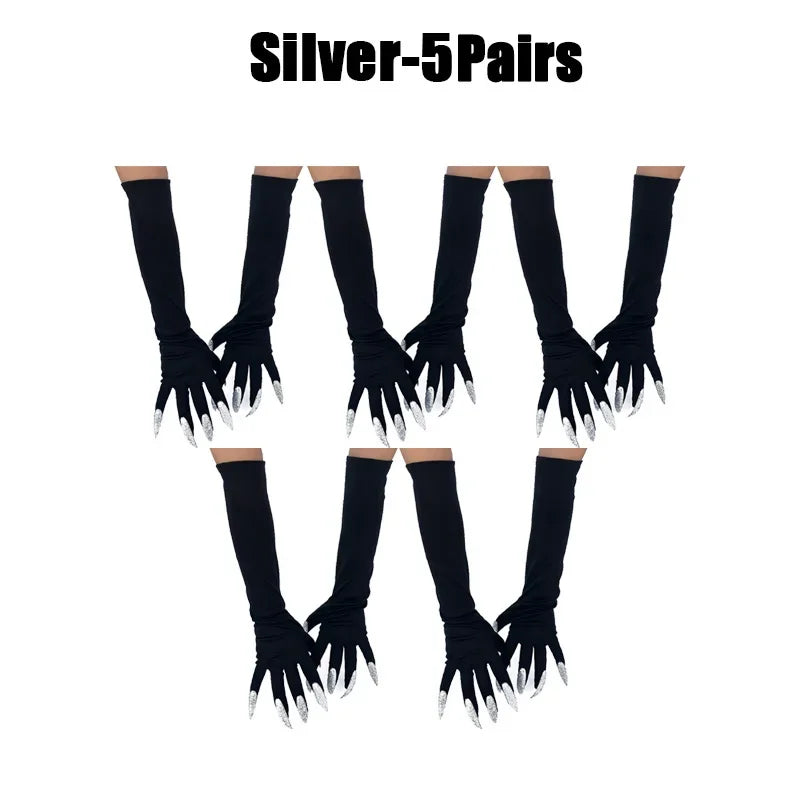 Scary Witch Claw Halloween Gloves – Long Nail Costume Mittens Halloween Costume Gloves Babs Silver-5Pairs One Size