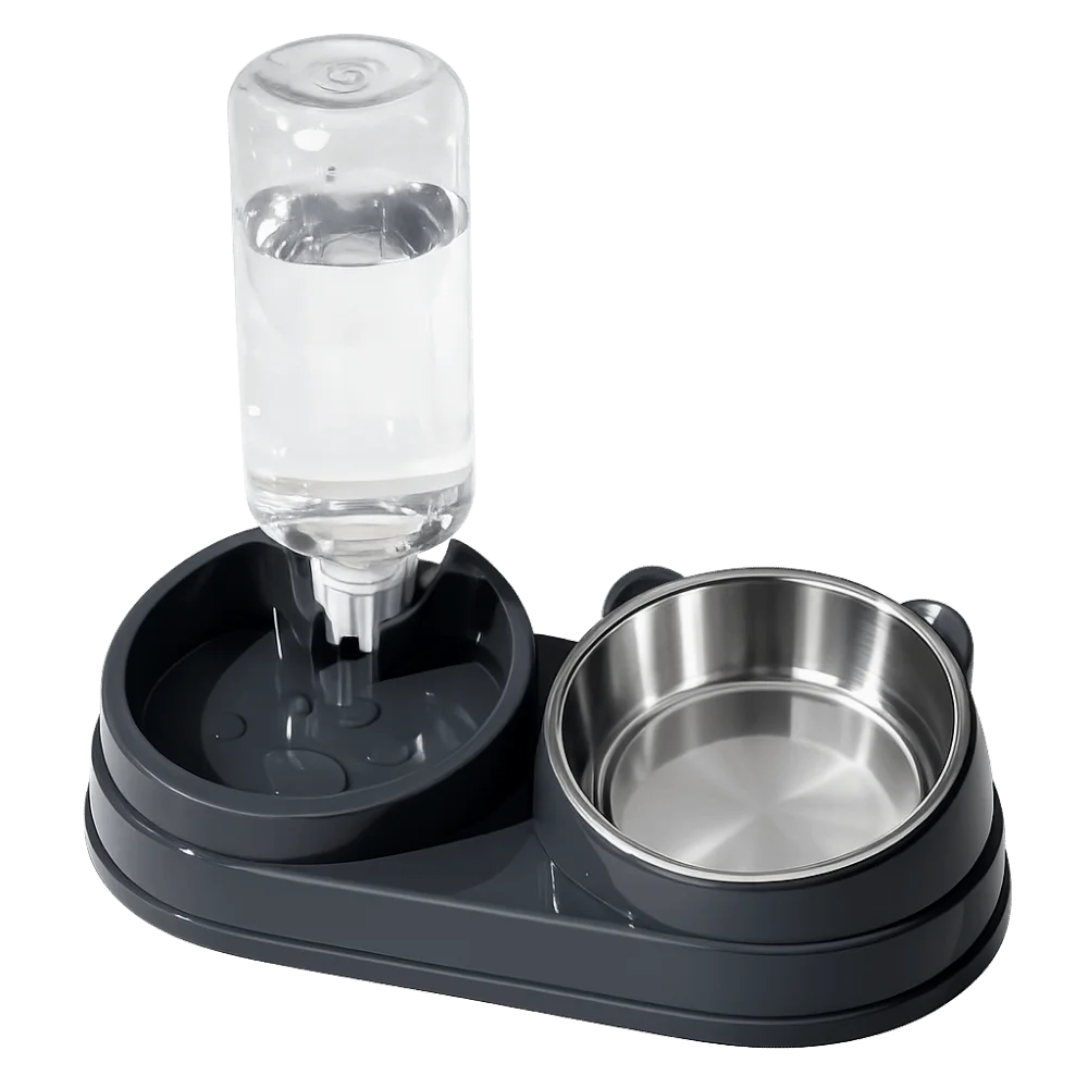 2-in-1 Tilted Dog & Cat Bowl – Stainless Steel Dry/Wet Feeder Pet Feeding Bowl Babs Grey