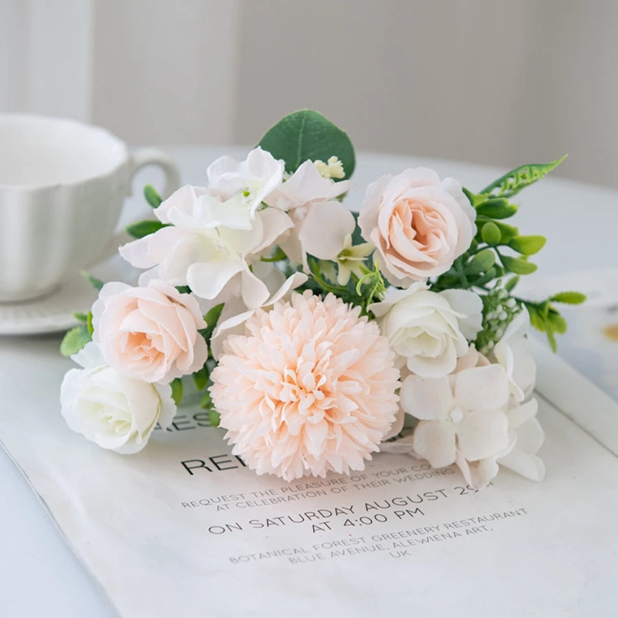 Silk Rose & Chrysanthemum Bouquet – Wedding & Home Décor Artificial Flower Bouquet Babs Champagne 1pcs