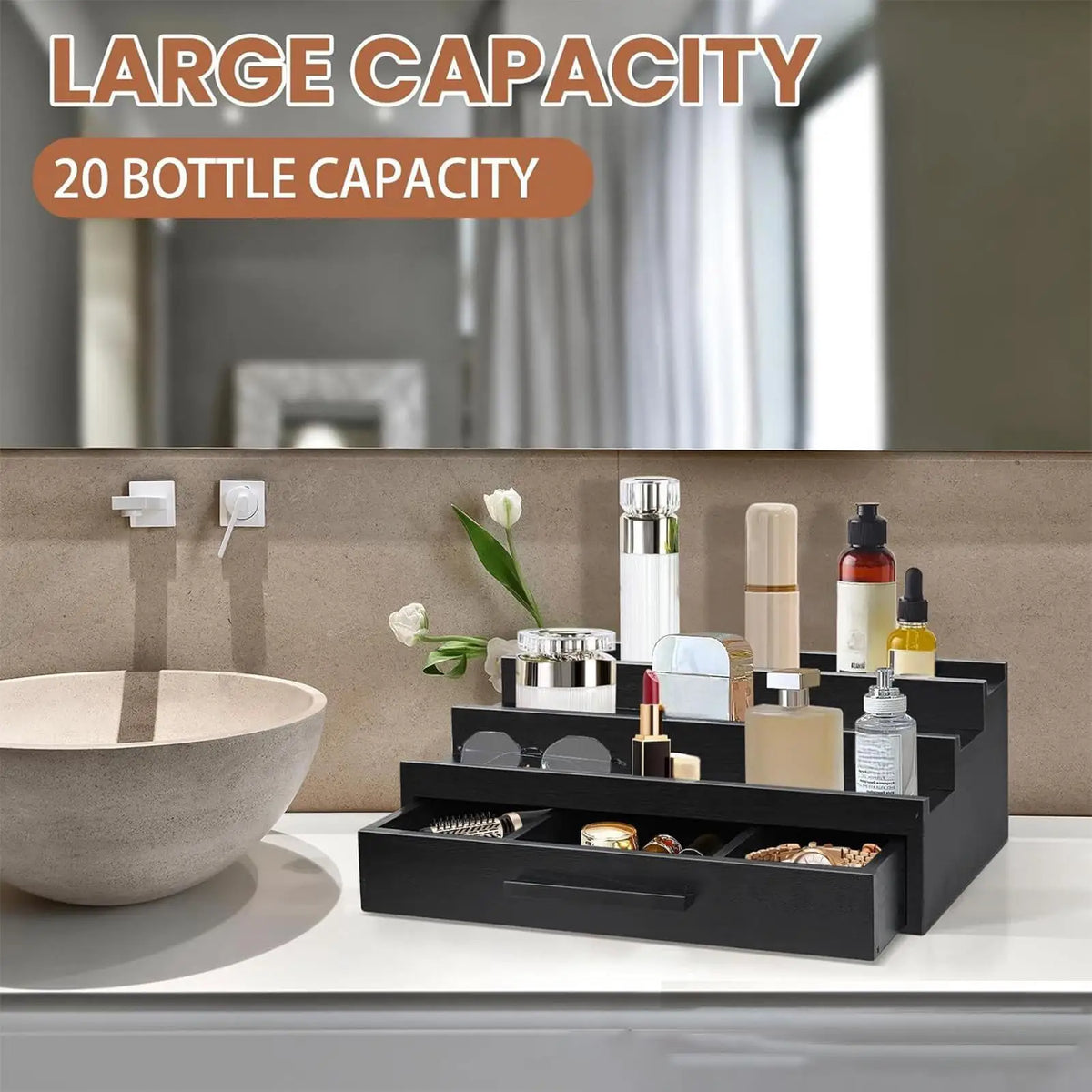 3-Tier Wood Perfume Organizer Rack with Drawers – Black Perfume Organizer Rack Babs