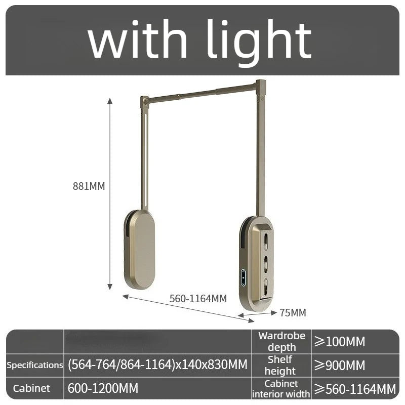 Electric Lifting Clothes Rack – Telescopic Wardrobe Closet Organizer Electric Clothes Rack Babs Gold-with Light