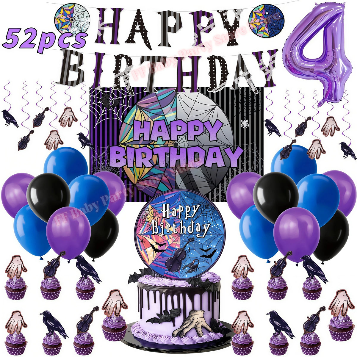 Addams Dark Academia Birthday Party Kit – Balloons, Plates & Backdrop Party Decoration Kit Babs 52pcs Numer4 others