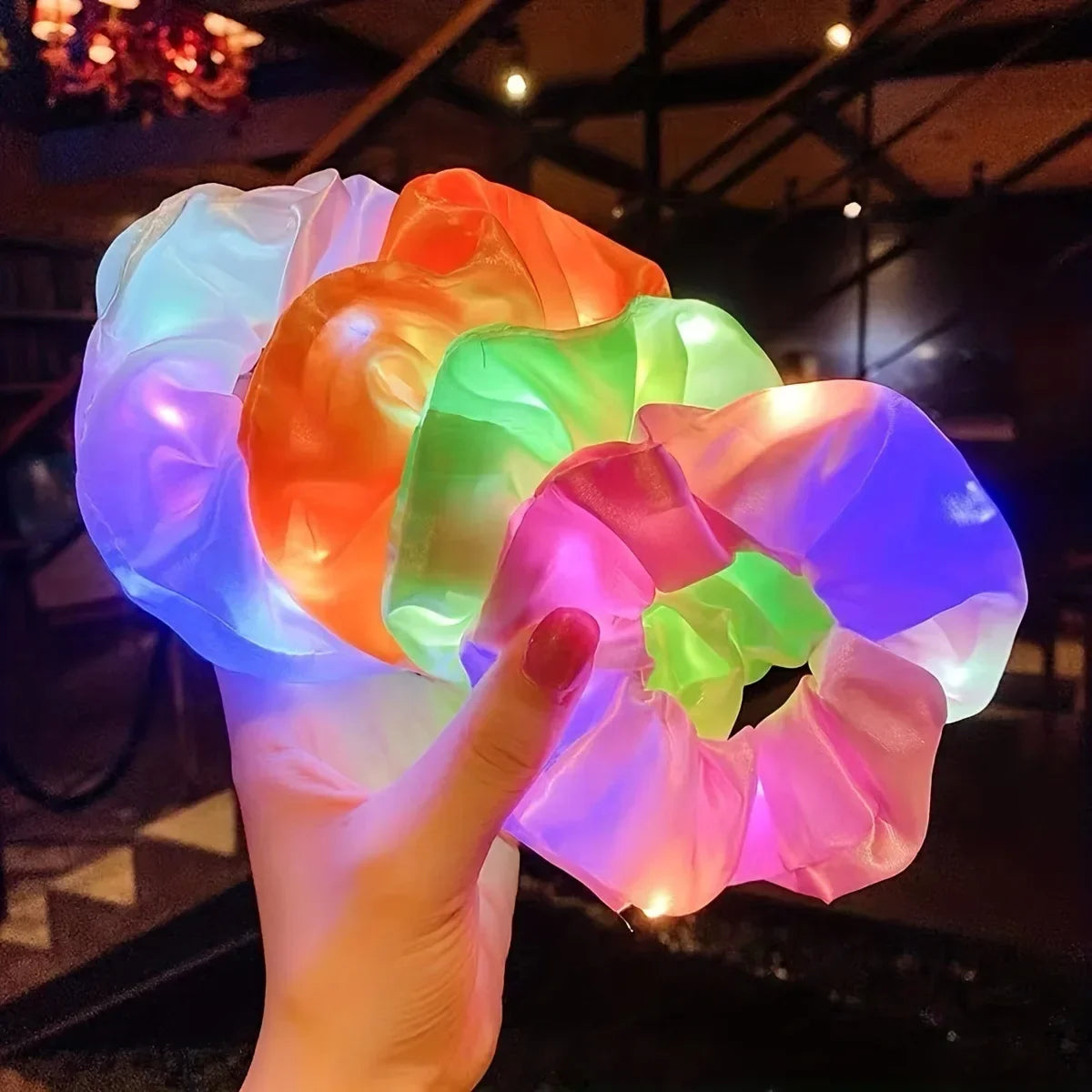 LED Light-Up Scrunchies – Satin Elastic Hair Bands for Parties LED Hair Scrunchies Babs
