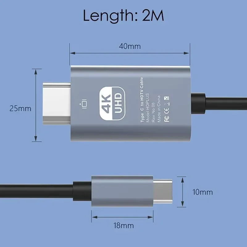 KEBIDUMEI 4K@60Hz USB-C to HDMI Cable 2M Video Adapter USB-C HDMI Cable Babs