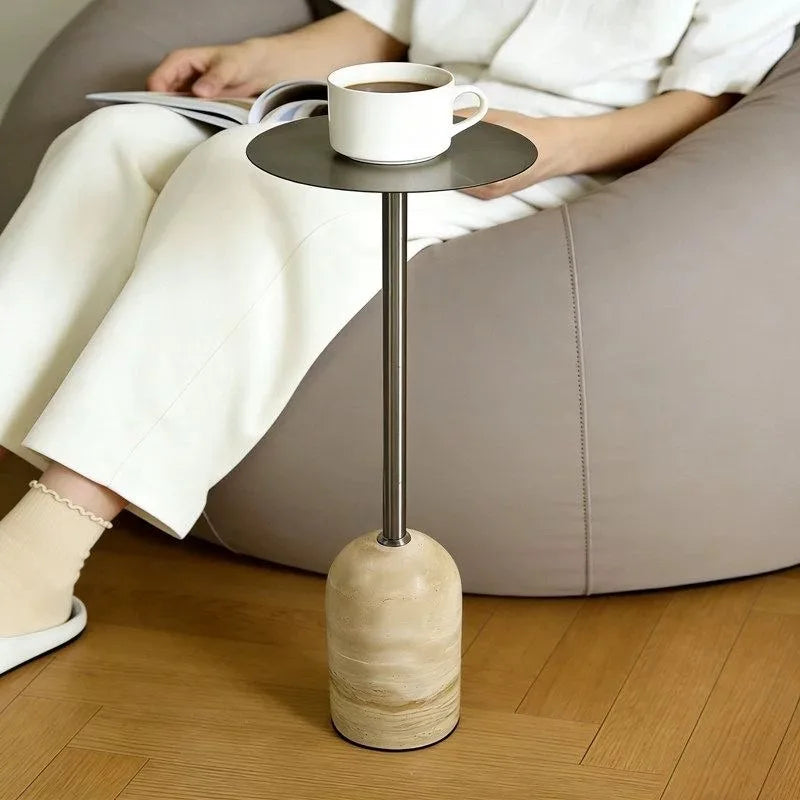 Modern Round Travertine & Stainless Steel Side Table | 60CM Side Table Babs