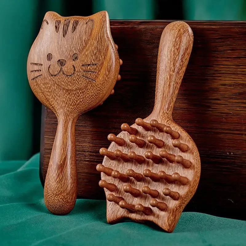 Cute Cat Sandalwood Detangling Comb – Scalp Massage Wide Tooth Hair Massage Comb Babs
