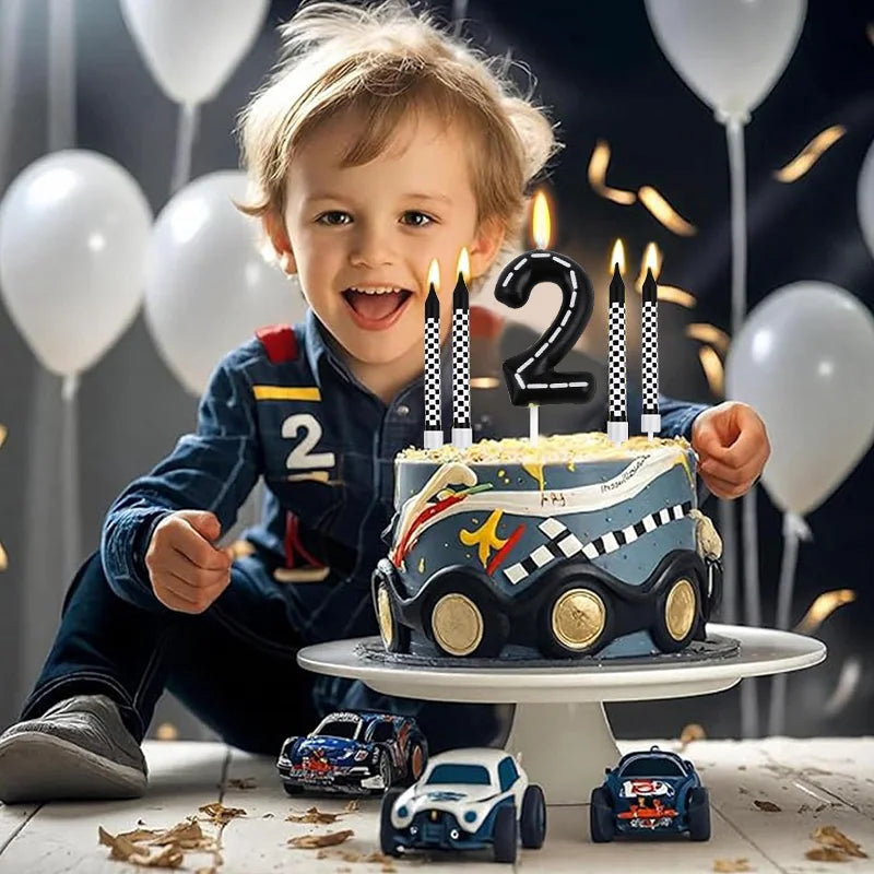 7-Pc Racing Car Birthday Candles & Checkered Cake Topper Set Birthday Cake Candles Babs
