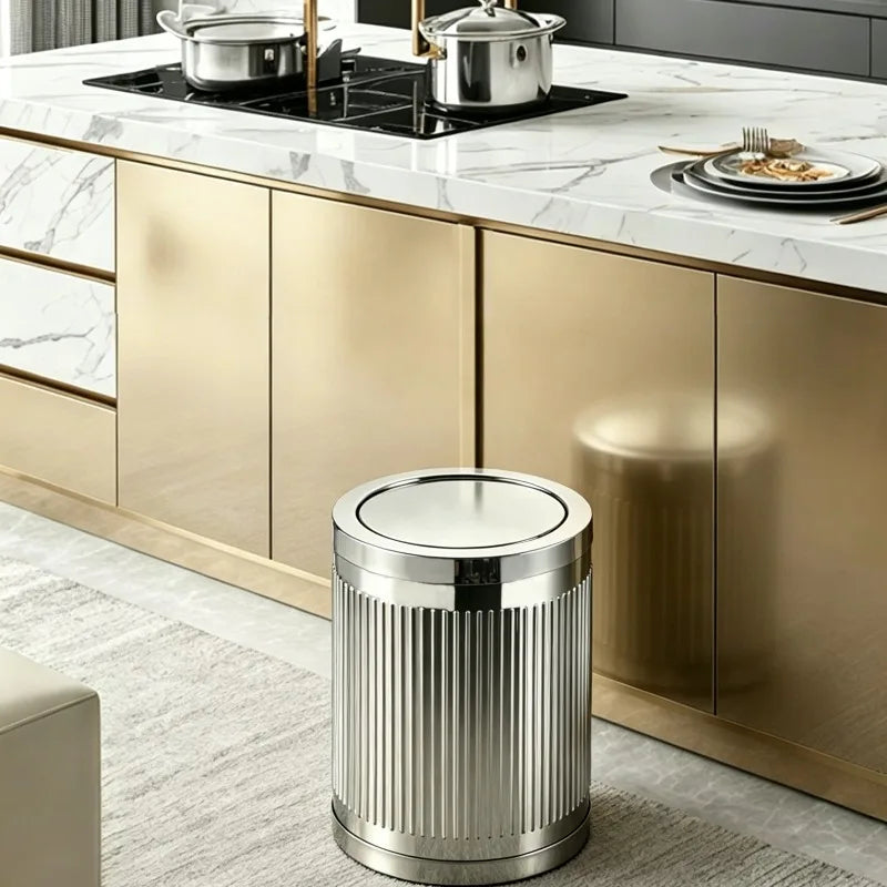 Stainless Steel Flip Lid Trash Can – Large Round Kitchen Bin Flip Lid Trash Can Babs