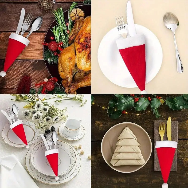 10 Mini Santa Hats – Christmas Cutlery & Wine Bottle Covers Christmas Decoration Set Babs