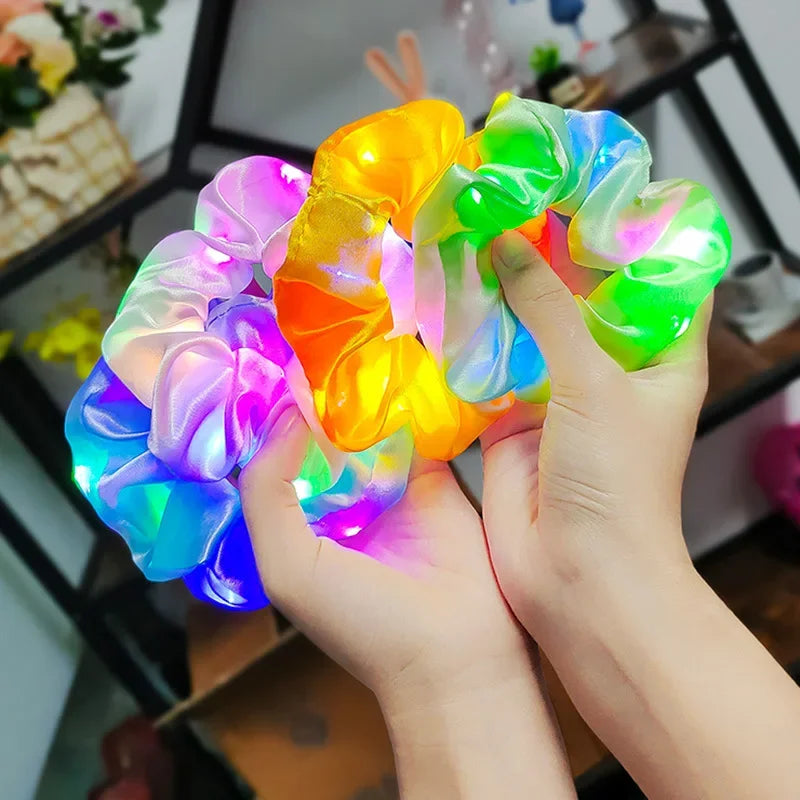 20pcs LED Glow Satin Hair Scrunchies – Light-Up Party Set LED Hair Scrunchies Babs
