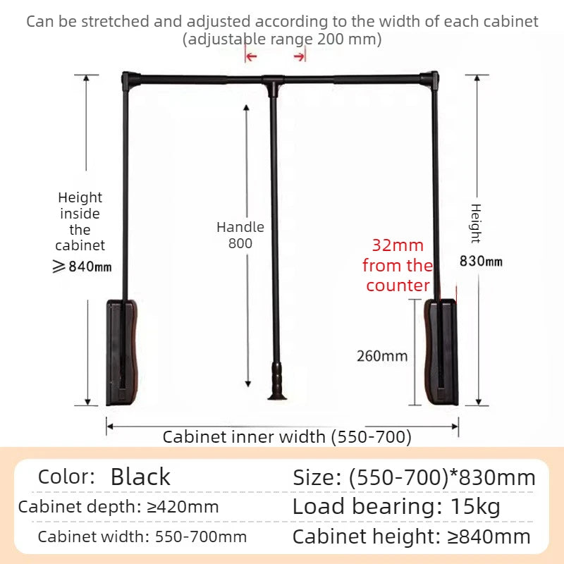 Pull-Down Lift Hanger Rod – Aluminum Wardrobe Organizer Wardrobe Hanger Rod Babs Black-Damping-550MM