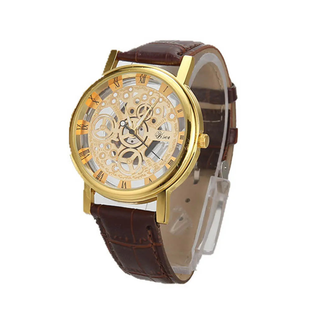 Men's Skeleton Quartz Watch | Leather Strap, Roman Numeral Dial Men's Quartz Watch Babs F