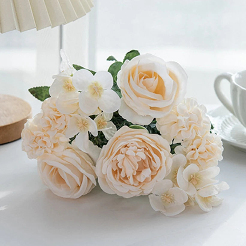 Silk Peony Rose Hydrangea Artificial Flower Bouquet | Home Décor Artificial Flower Bouquet Babs WHITE 3 pcs
