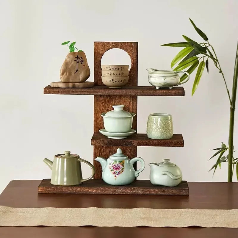 Tiered Solid Wood Tea Display Stand | Oriental Desktop Organizer Display Storage Rack Babs