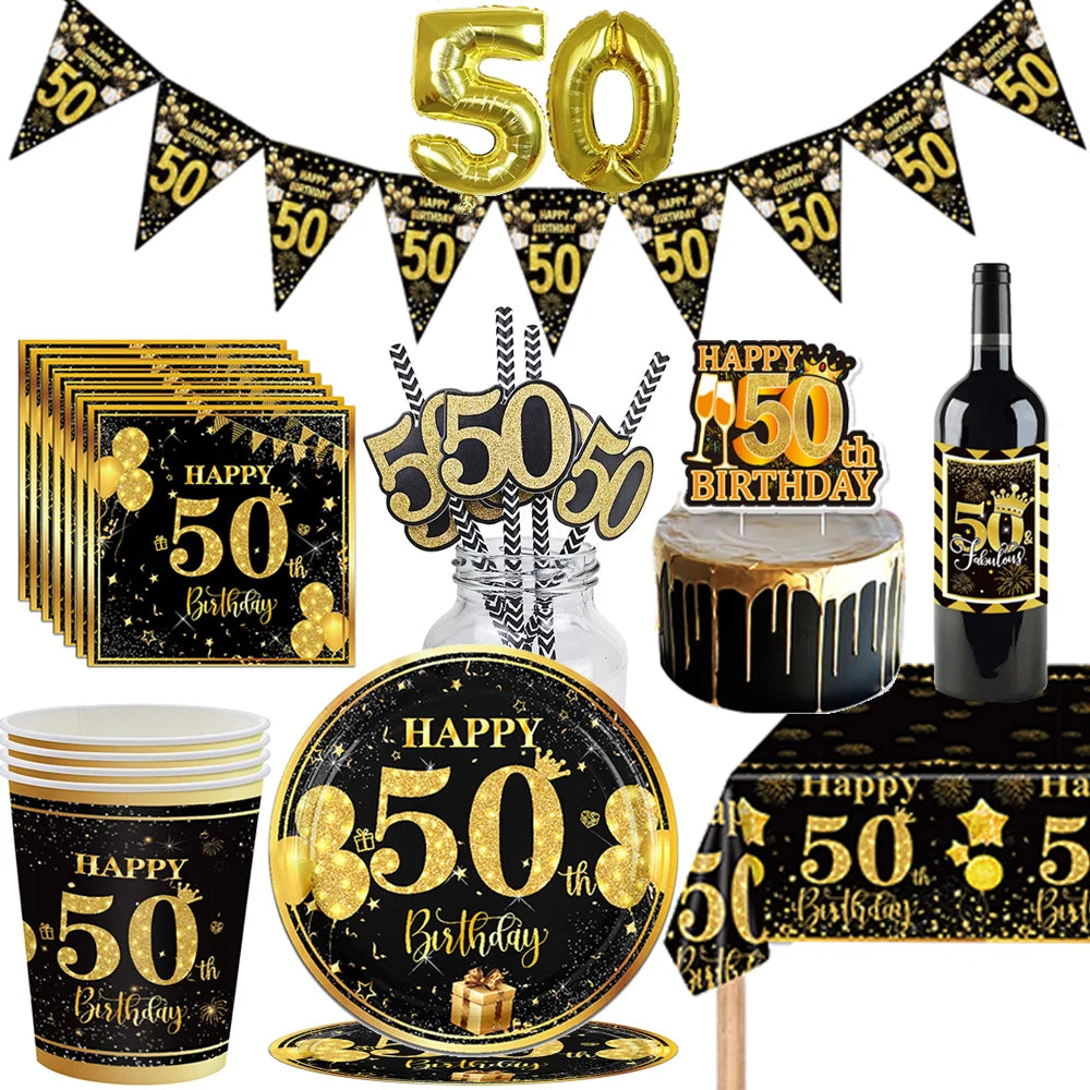 50th Birthday Party Decorations – Black & Gold Tableware Set Party Tableware Set Babs
