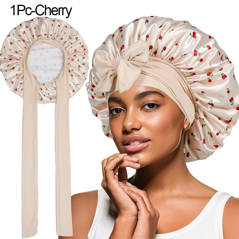 Satin Sleep Bonnet Cherry Print Lace-Up Hair Care Night Cap Satin Sleep Bonnet Babs 1Pc-Cherry