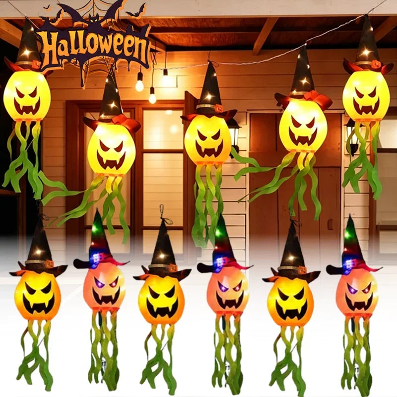Halloween LED Ghost Hat Lantern & Pumpkin Flashing Light Decor Halloween Hanging Lantern Babs