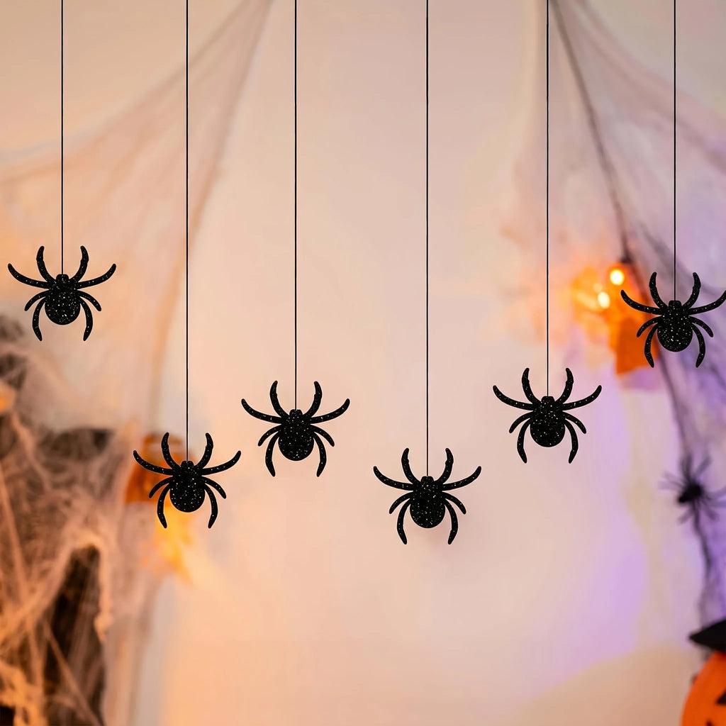 18pcs Halloween Glitter Black Spider Hanging Decorations Halloween Hanging Decor Babs