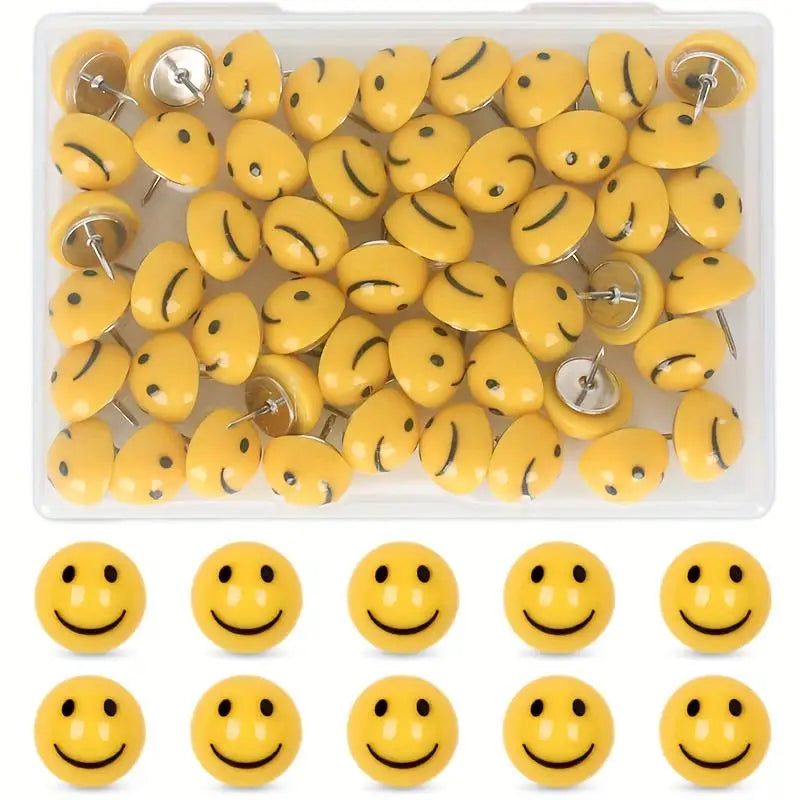 50pcs Smiley Face Push Pins with Storage Box | Cork Board Tacks Decorative Push Pins Babs 50 Pieces