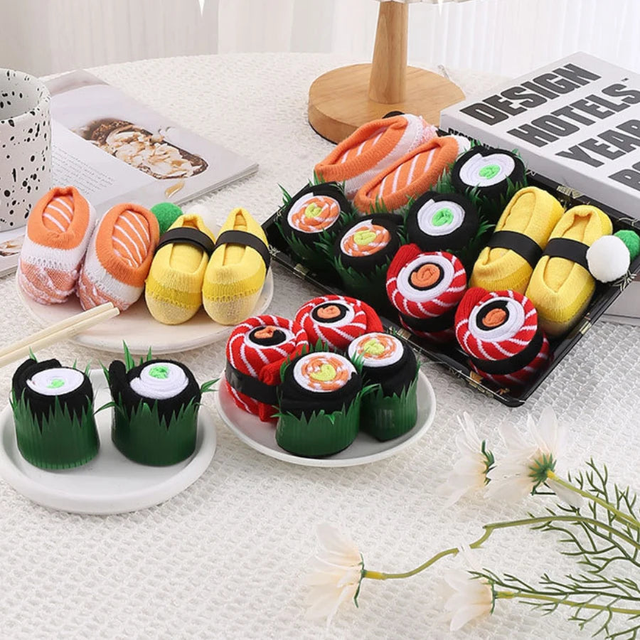 5-Pair Salmon Sushi Novelty Crew Socks Gift Box – Unisex Novelty Socks Set Babs