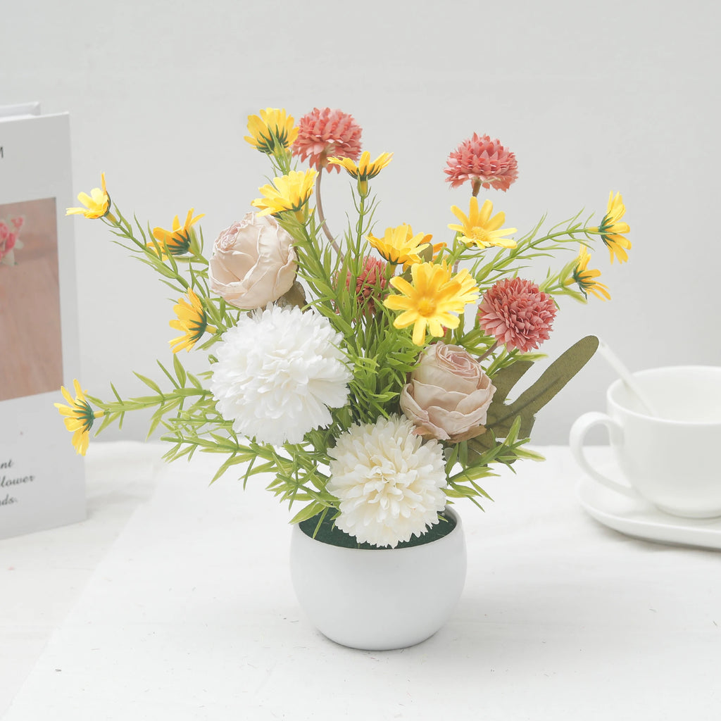 Silk Artificial Potted Flowers – Rose Daisy Dandelion Bonsai Artificial Potted Flowers Babs White