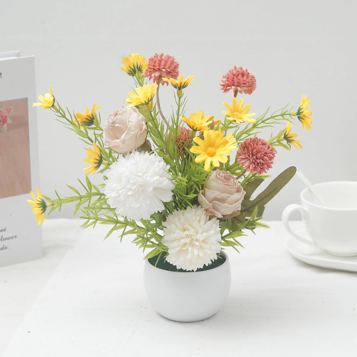 Silk Artificial Potted Flowers – Rose Daisy Dandelion Bonsai Artificial Potted Flowers Babs White