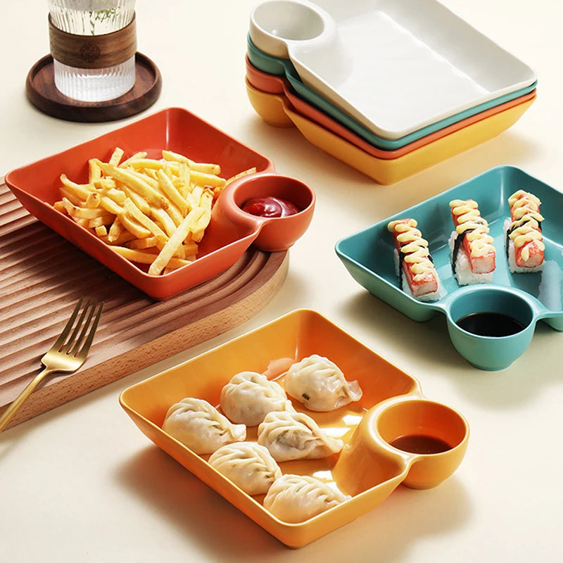 Multicolor Plate with Dipping Compartment for Snacks & Dining Dipping Snack Plate Babs