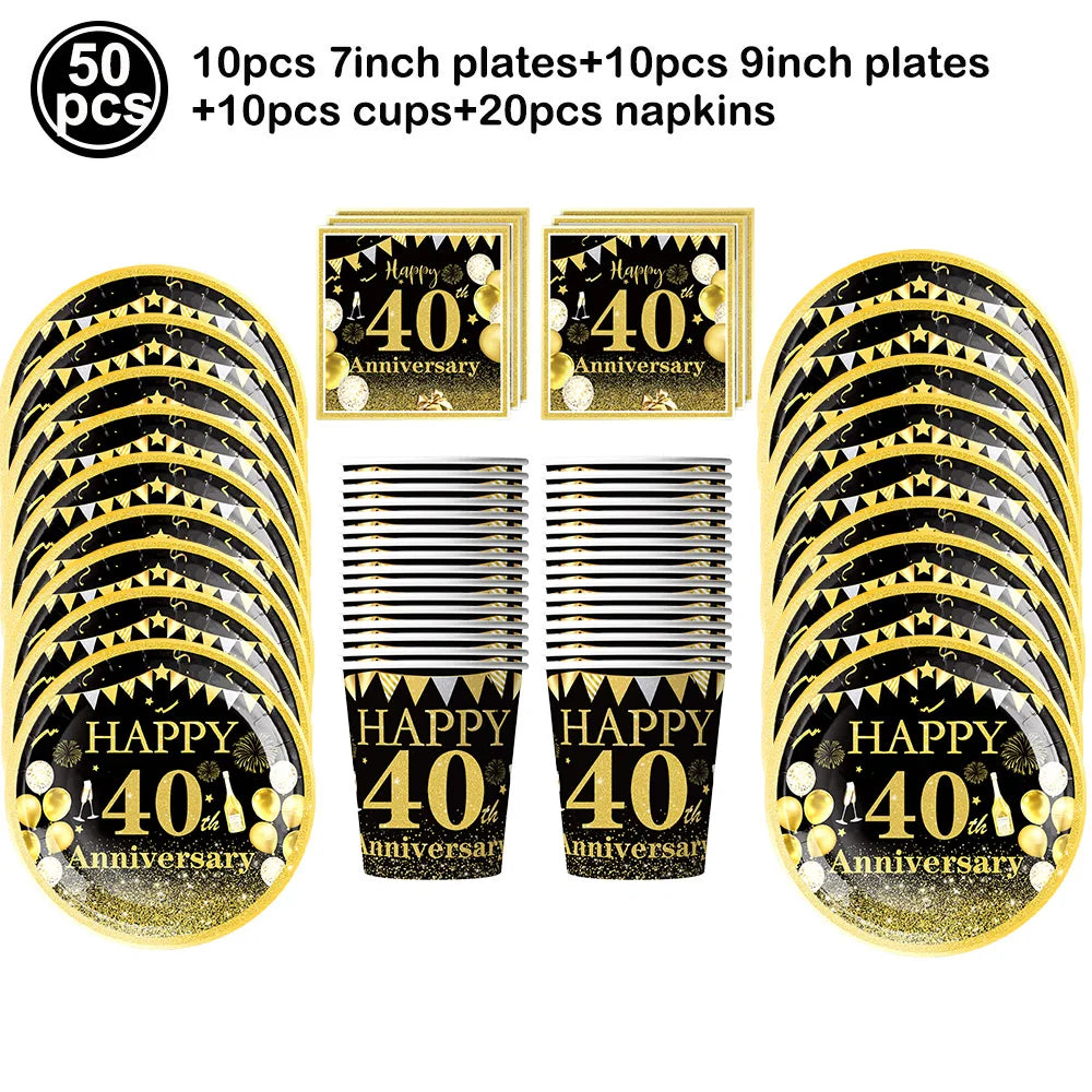 40th Birthday Party Decorations – Black & Gold Tableware Set