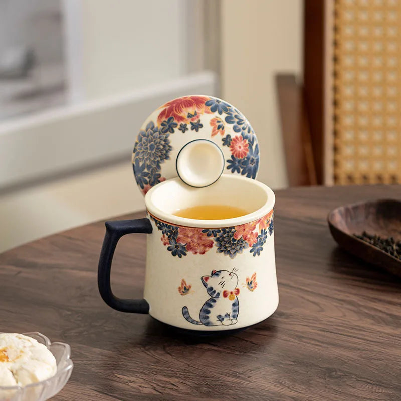 Cat Pattern Ceramic Mug with Lid | Chinese Style Teacup Ceramic Tea Mug Babs