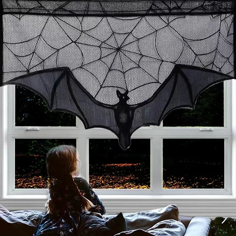 Halloween Black Lace Bat Spider Curtain Tablecloth Fireplace Scarf Halloween Lace Décor Babs