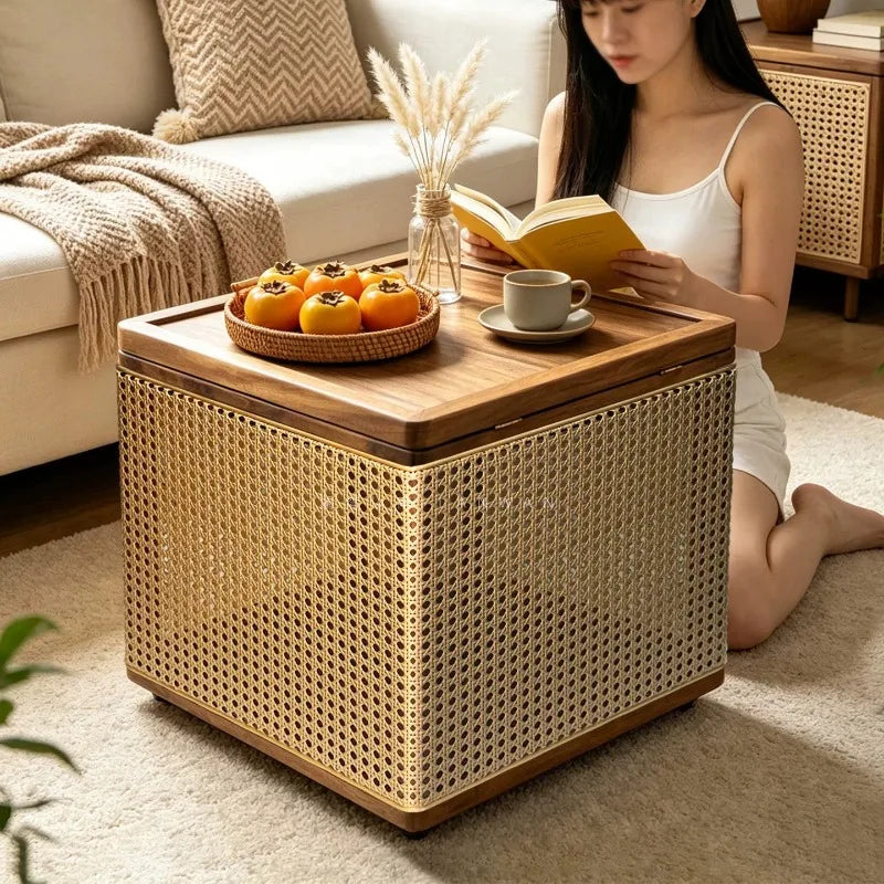 Modern Rattan Side Table – Walnut Wood, 40x40x43.5cm Rattan Side Table Babs