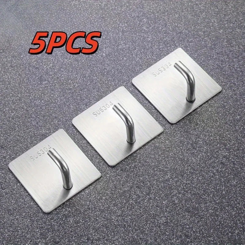 Heavy-Duty Stainless Steel Adhesive Hooks – No Drilling (2/5 Pack) Adhesive Wall Hooks Babs Silver 5PCS