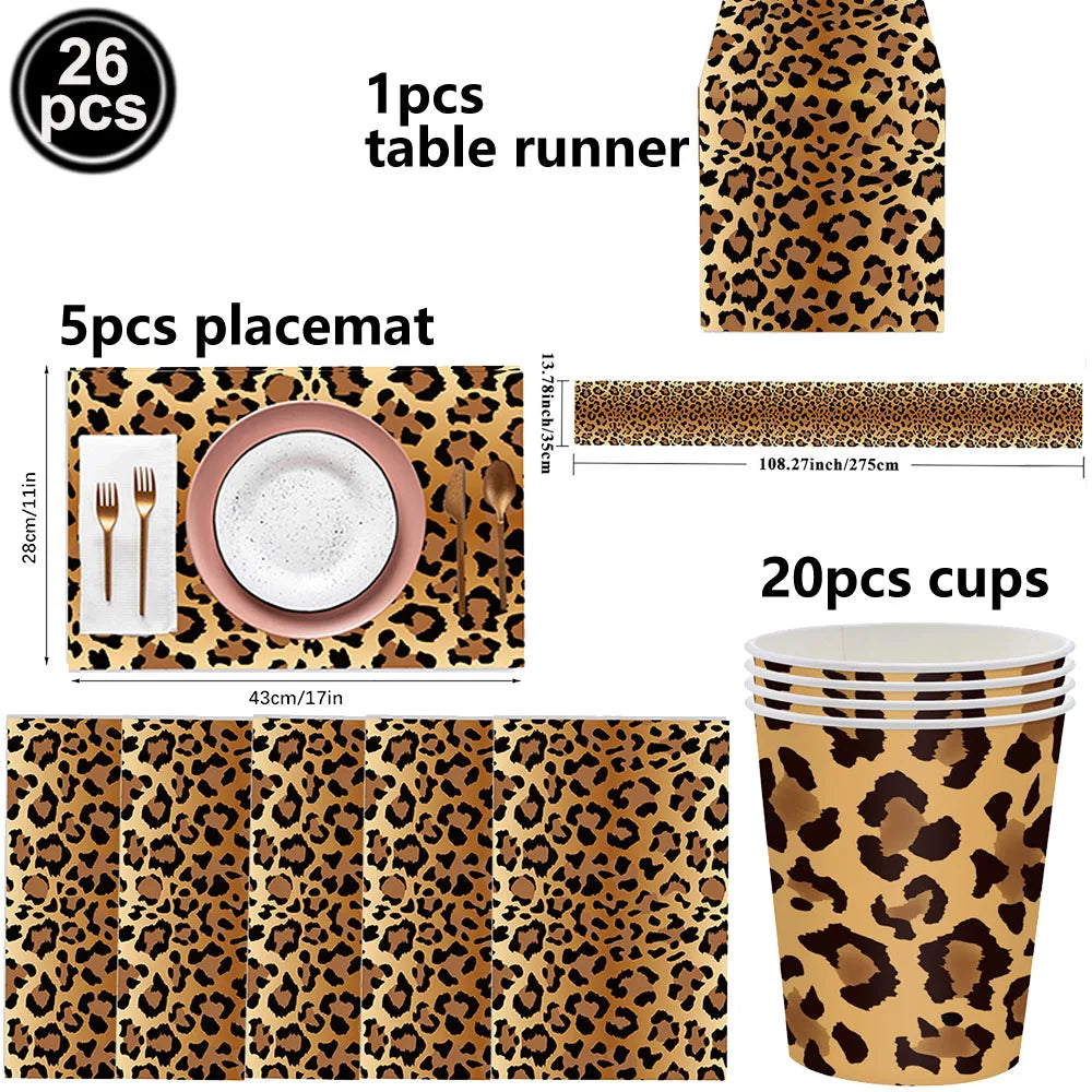 Leopard Print Party Supplies – Banner, Plates, Cups & Napkins Party Tableware Set Babs 26pcs set