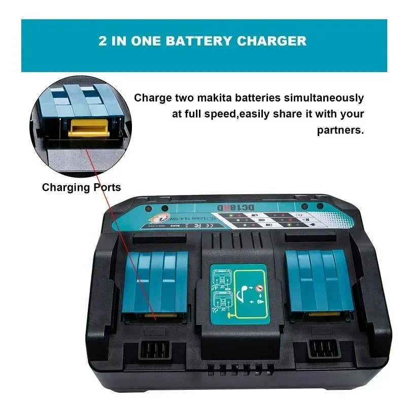 Dual-Port 14.4V–18V Li-Ion Charger for Makita BL1830 DC18RD Battery Charger Babs
