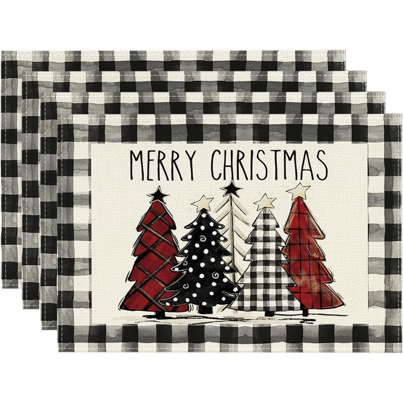 4Pcs Christmas Linen Placemats Set – Elk & Tree Table Mats Linen Placemats Set Babs SET-D Rectangle 45x30cm