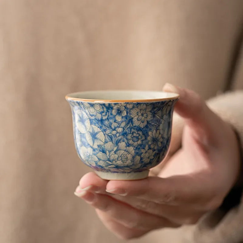Ice Crack Porcelain Tea Cup – Blue & White Buddhist Retro Style Porcelain Tea Cup Babs