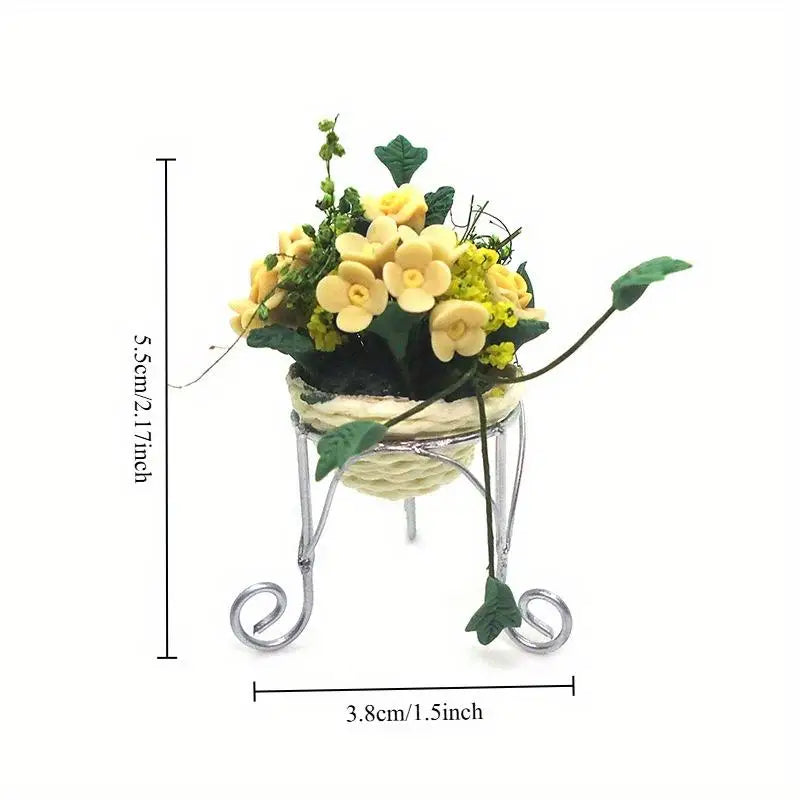 1:12 Miniature Clay Rose Potted Bonsai with Iron Fence Dollhouse Dollhouse Miniature Ornament Babs yellow