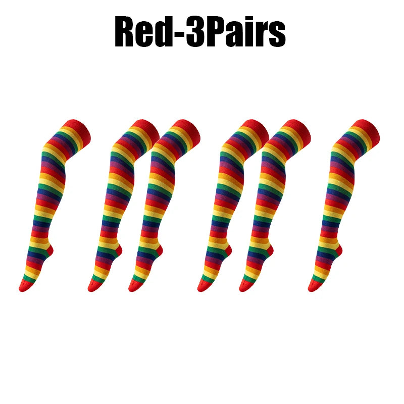 Rainbow Striped Over-Knee Socks – Soft Elastic Long Stockings Over-Knee Stockings Babs as show Red 3Pairs