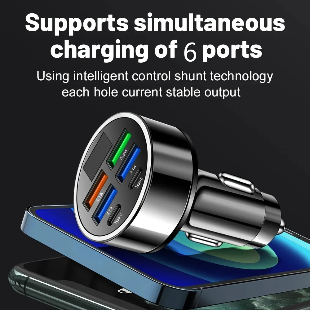 6-in-1 Fast Car Charger 3.1A Dual USB-C with Digital Display Car Charger Adapter Babs