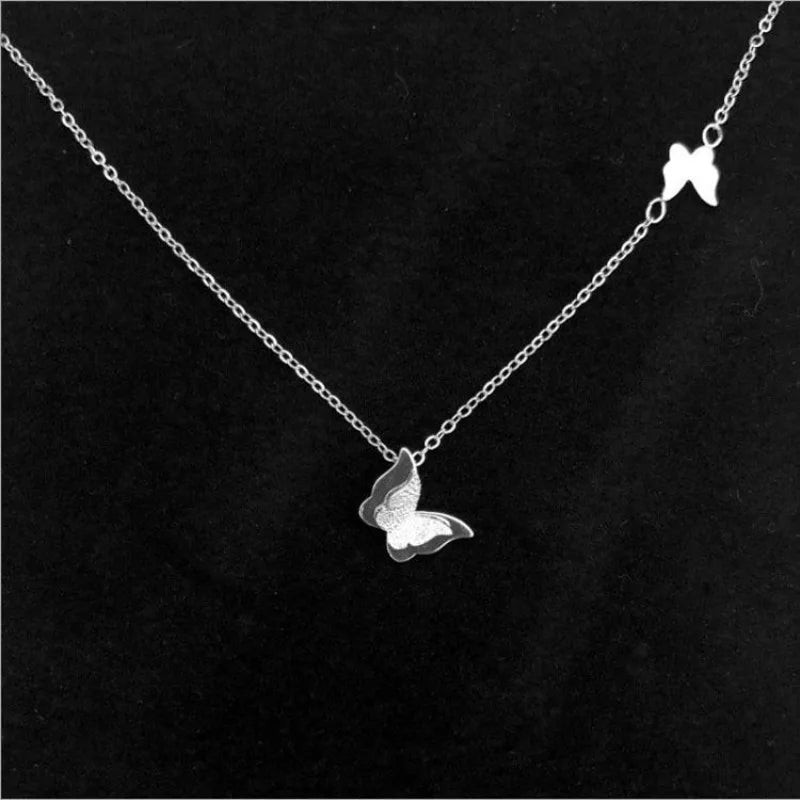 Women's Double Butterfly Copper Pendant Necklace | Scrub Finish Pendant Necklace Babs Silver