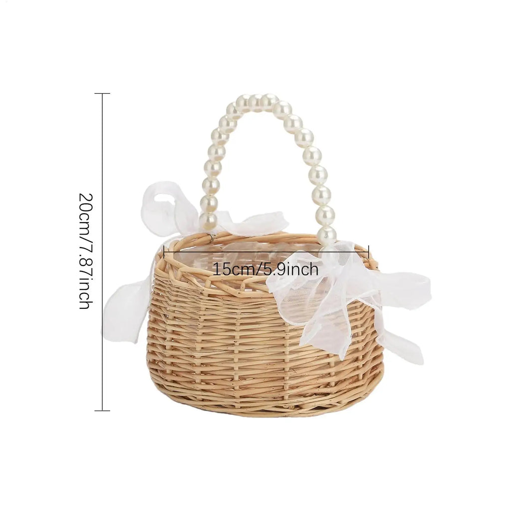 Wicker Rattan Flower Girl Basket | Pearl Handle & Bow Wicker Gift Basket Babs