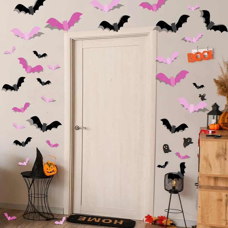 24/48Pcs 3D Halloween Pink Bat Wall & Window Stickers – DIY Decal Halloween Wall Stickers Babs