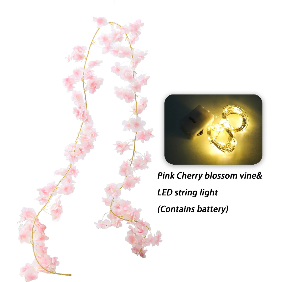 180cm Cherry Blossom Vine Garland with LED Lights | Silk Decor Artificial Flower Garland Babs Meat Pink