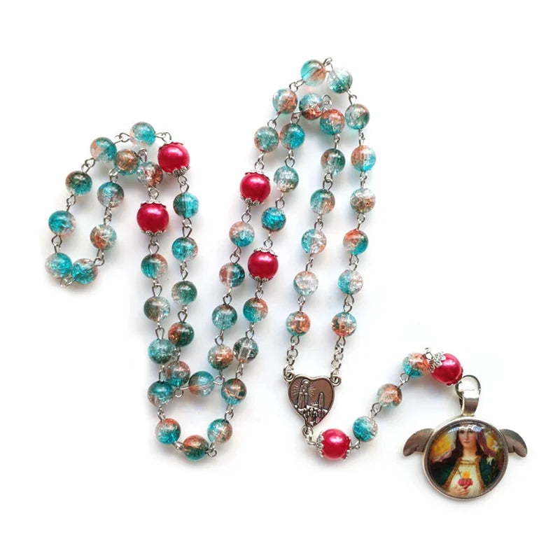 Vintage Virgin Mary Rosary Y-Necklace – Catholic Cross Pendant Religious Pendant Necklace Babs light blue