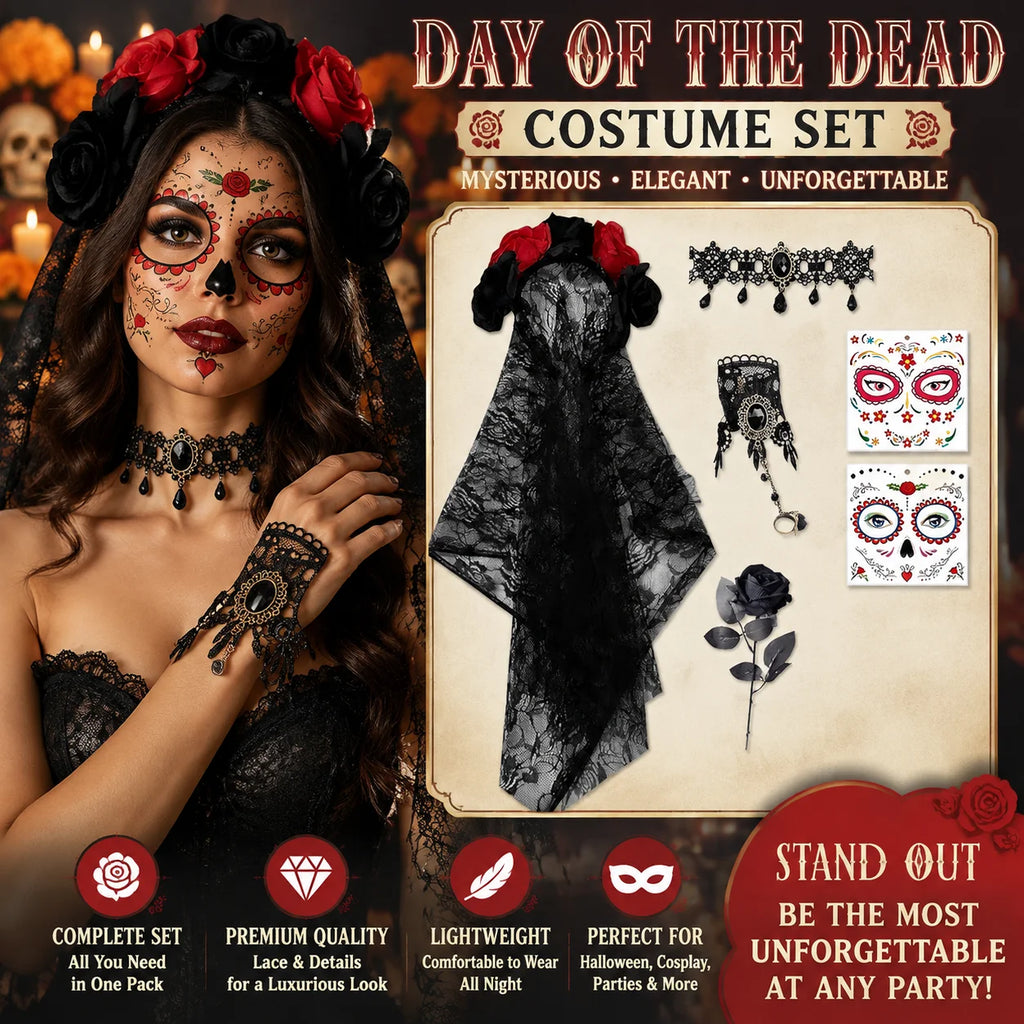 Gothic Dia de los Muertos Lace Rose Necklace & Bracelet Set Costume Jewelry Set Babs